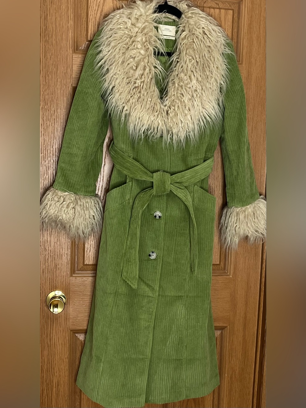 Urban Outfitters Green Corduroy Tasha Trench Coat with Cream Faux Fur Trim